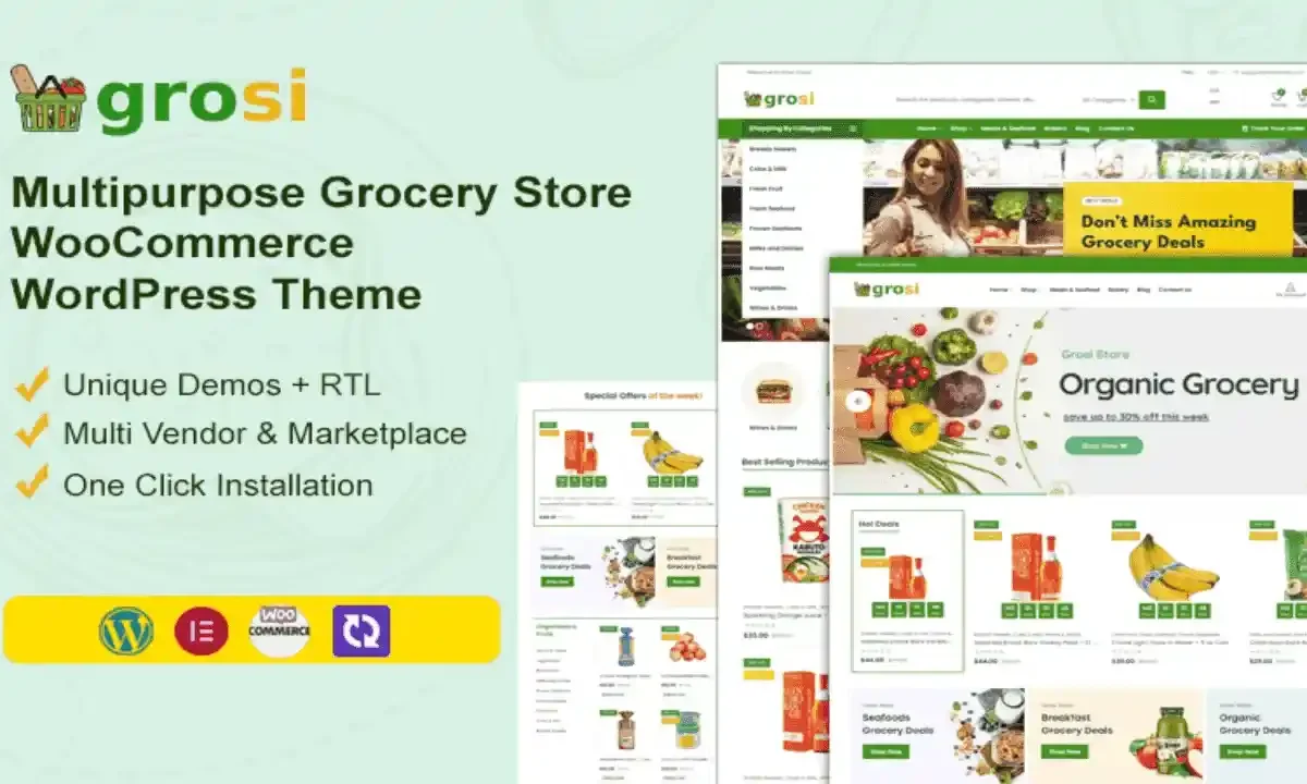 Grosi grocery store WordPress theme homepage demo layout for WooCommerce online stores