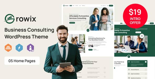 Growix business consulting WordPress theme homepage design with Elementor page builder layout