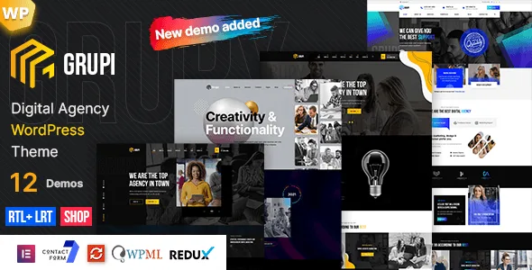 Grupi digital agency WordPress theme preview with Elementor page builder
