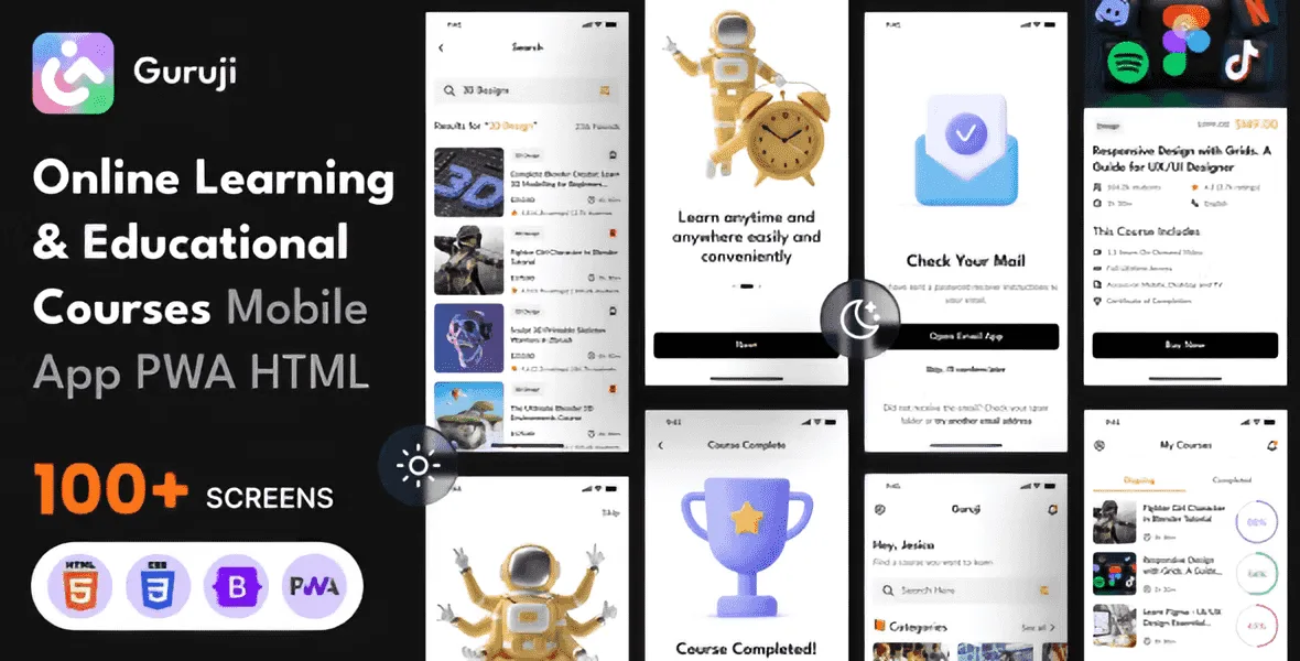 Guruji education PWA template interface for online learning platforms
