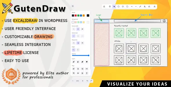 GutenDraw WordPress plugin showing Excalidraw sketching tool integrated into the WordPress dashboard