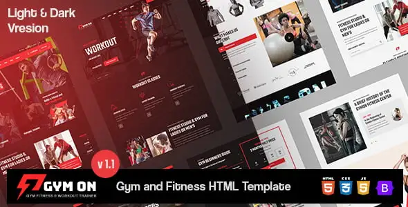 GymOn fitness HTML5 template homepage preview with Bootstrap 5 design