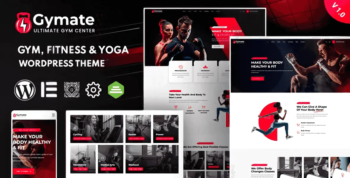 Gymat fitness WordPress theme homepage preview with class schedule and trainer profiles