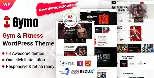Gymo gym and fitness WordPress theme demo showing modern workout website layout with Elementor builder