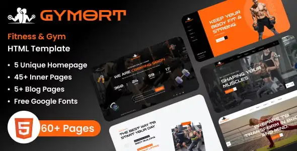 Gymort fitness HTML template homepage preview showing hero section, class schedule, and trainer cards on desktop and mobile