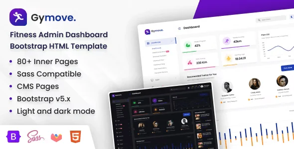 Gymove fitness admin dashboard template preview showing class scheduling and client management panels