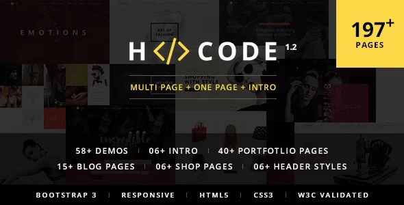 H-Code multipurpose responsive HTML template preview with homepage layouts and portfolio options