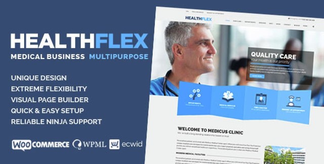 HealthFlex medical health WordPress theme preview with healthcare website demos