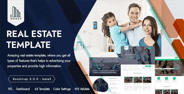 Homex real estate HTML template dashboard with property listings, map search, and admin panel interface