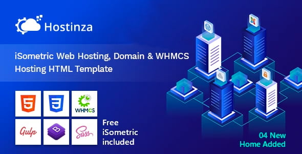 Hostinza isometric web hosting HTML template preview with WHMCS and domain sections