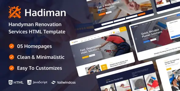 Hadiman handyman website template homepage showcasing service sections, pricing tables, and project gallery for renovation businesses