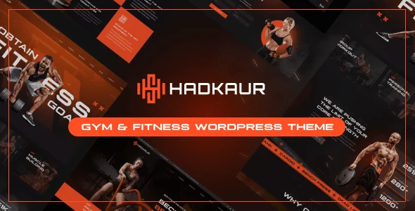 Hadkaur fitness gym WordPress theme homepage preview showing class schedule, trainer profiles, and membership sections