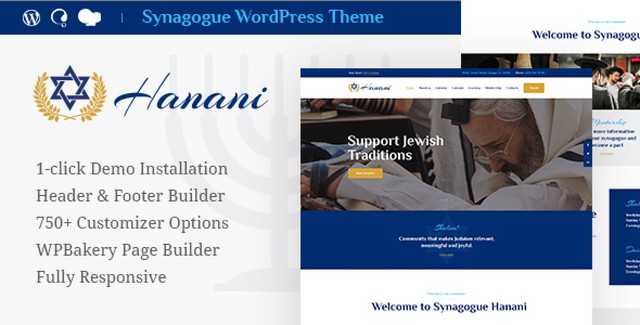Hanani Jewish Community WordPress theme homepage showing event calendar, synagogue info, and donation section on desktop and mobile