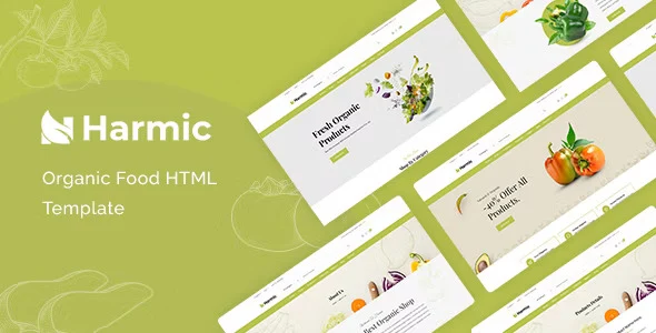 Harmic organic food HTML template showing responsive website layout with Bootstrap 5 design