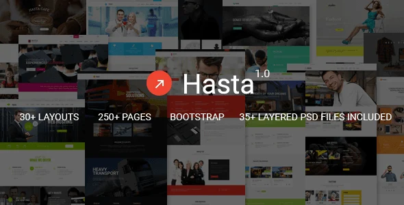Hasta responsive multipurpose HTML5 template preview showcasing 30+ business website layouts