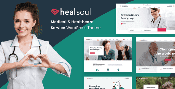 Healsoul healthcare WordPress theme showcasing medical clinic website layouts and homepage demos