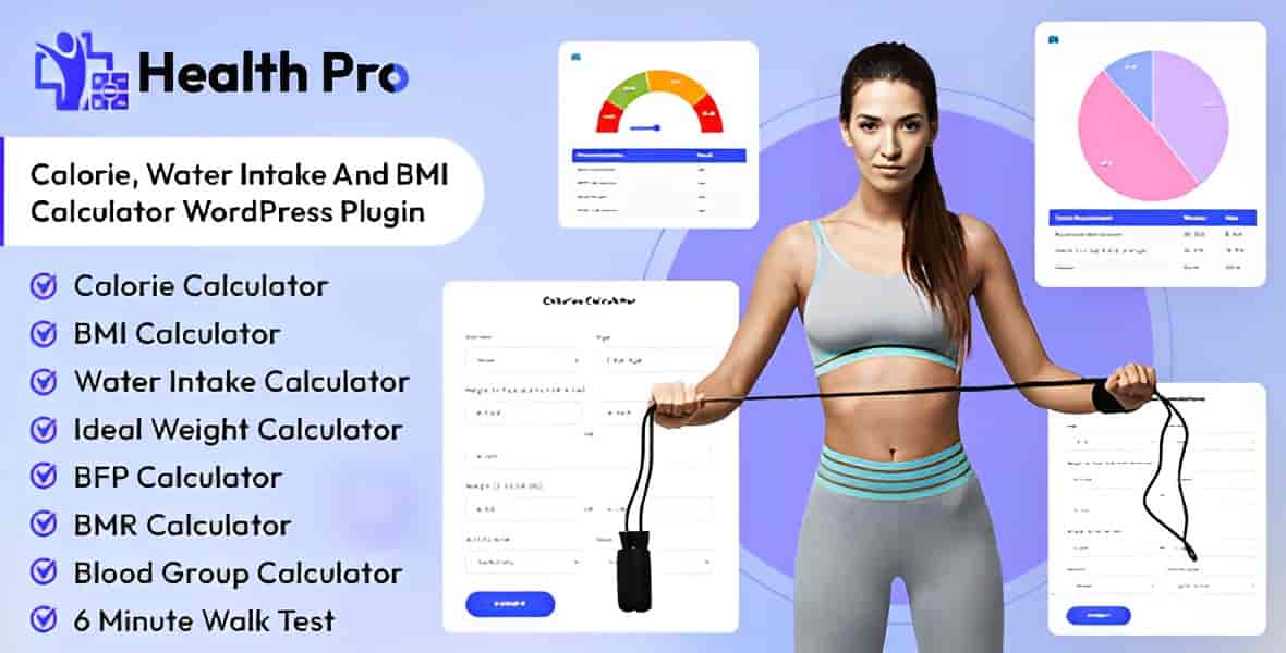 Health Pro WordPress plugin interface showing BMI and calorie calculators with graphical output