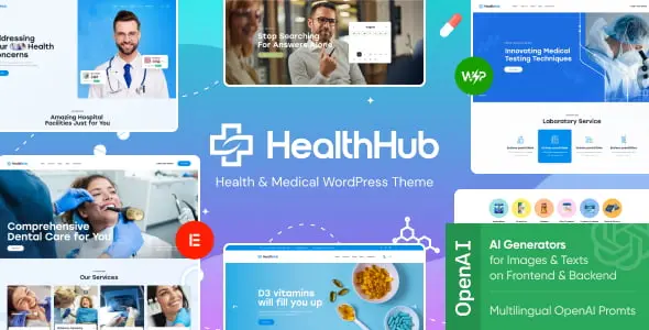 HealthHub medical WordPress theme preview with Elementor page builder interface