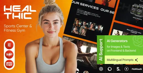 Healthic fitness WordPress theme demo showing gym website layout with Elementor builder