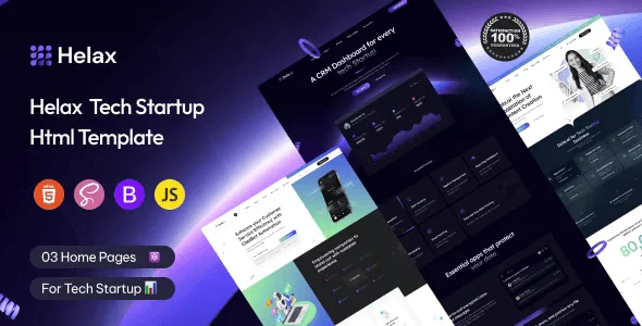 Helax tech startup landing page HTML template preview showing hero section with modern SaaS design