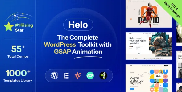 Helo multipurpose WordPress theme demo showcasing dark and light versions with GSAP animations