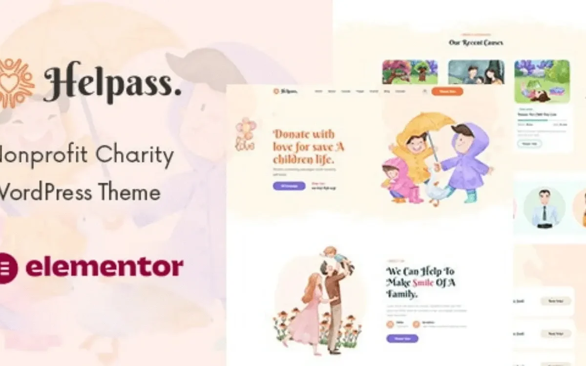 Helpass charity WordPress theme for non-profit organizations featuring responsive design and Elementor customization