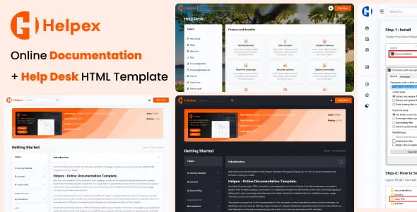 Helpex HTML5 documentation and help desk template with clean layout and color scheme options