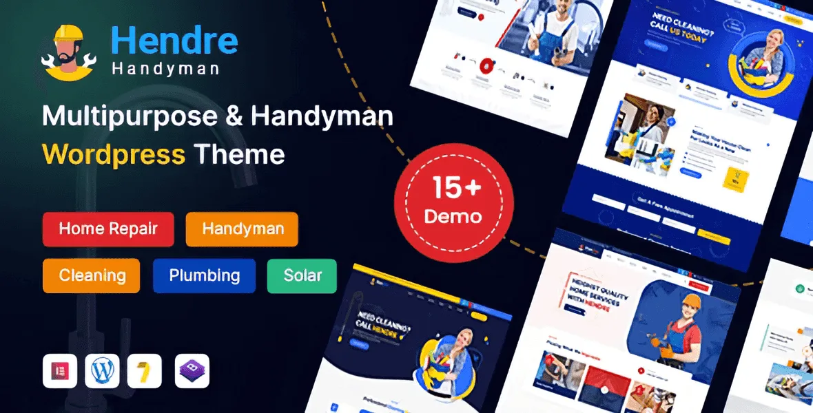 Hendre WordPress theme demo showcasing a professional plumbing and handyman service business website layout