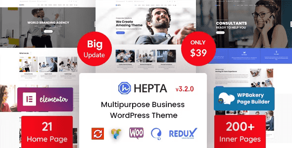 Hepta multipurpose business WordPress theme homepage preview showcasing responsive layout