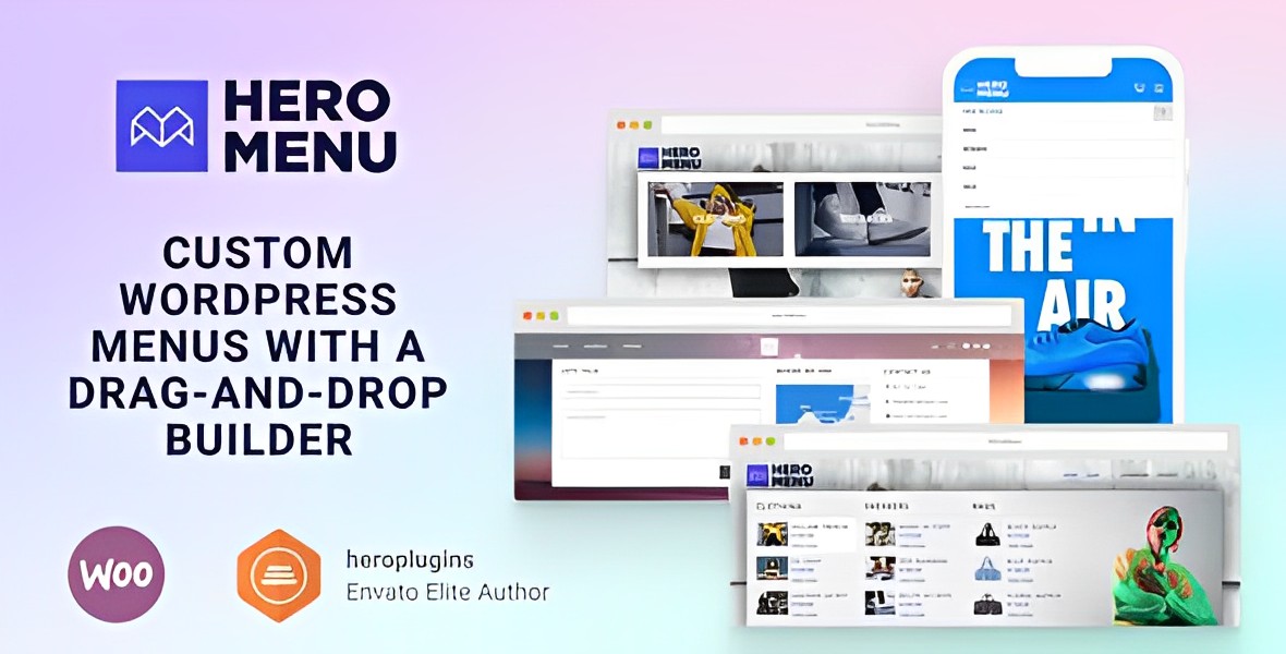 Hero Menu responsive WordPress mega menu plugin interface showing drag-and-drop builder
