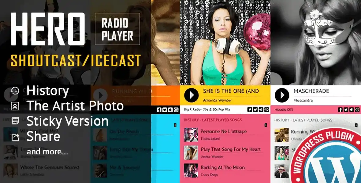 Hero Shoutcast and Icecast radio player plugin for WordPress showing responsive audio streaming interface