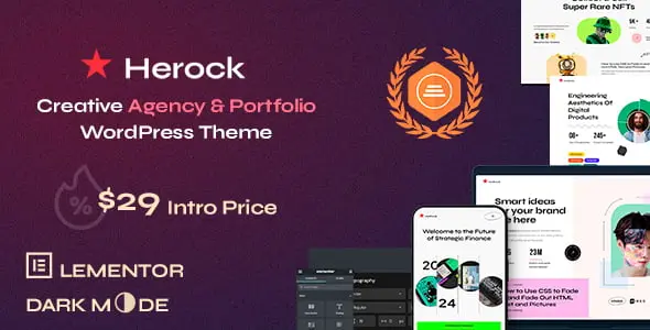 Herock WordPress theme homepage displaying dark mode portfolio layout with Elementor customization interface