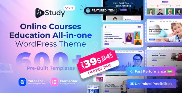 HiStudy Education WordPress theme dashboard showing LMS course layout with Elementor editor