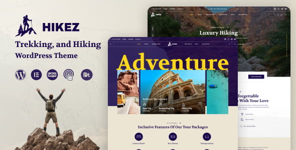 Hikez adventure travel WordPress theme with Elementor showing a responsive outdoor website layout
