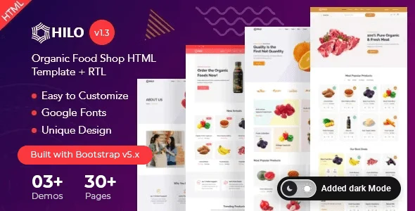 Hilo organic food HTML template homepage preview with RTL layout support