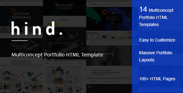 Hind multi-concept portfolio HTML template with 14 demo variations