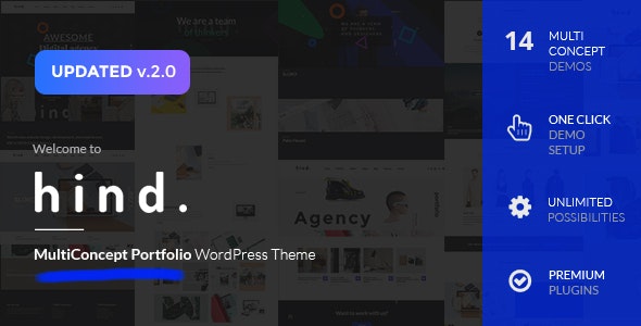 Hind portfolio photography WordPress theme featuring responsive layouts, visual builder, and fast page speed performance