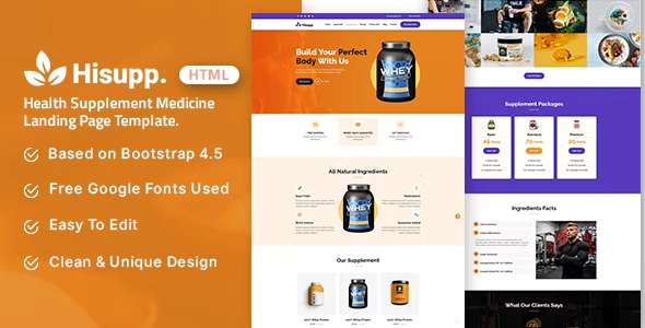 Hisupp health supplement landing page template preview showing conversion-optimized HTML5 layout for wellness product websites