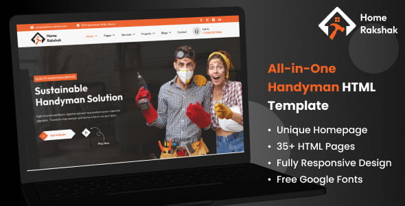 Home Rakshak handyman HTML template preview showing clean modern design with service layout pages