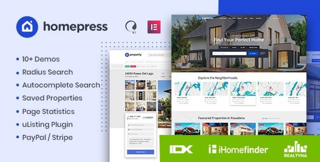 HomePress real estate WordPress theme showcasing property listings and homepage layouts