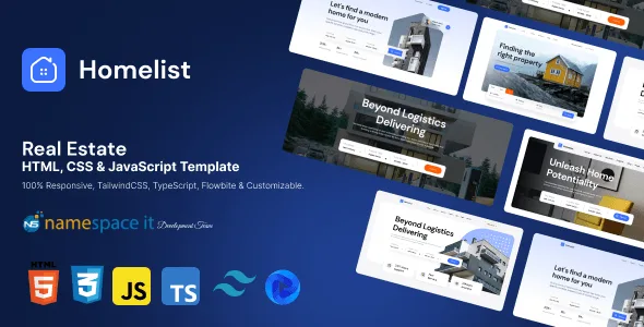 Homelist real estate HTML template showcasing responsive property listing pages with modern Tailwind CSS design