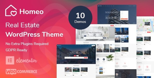 Homeo real estate WordPress theme dashboard showing property listings, user management, and monetization settings