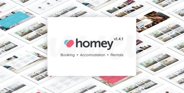 Homey WordPress theme dashboard showing property search, booking calendar, and reservation management interface