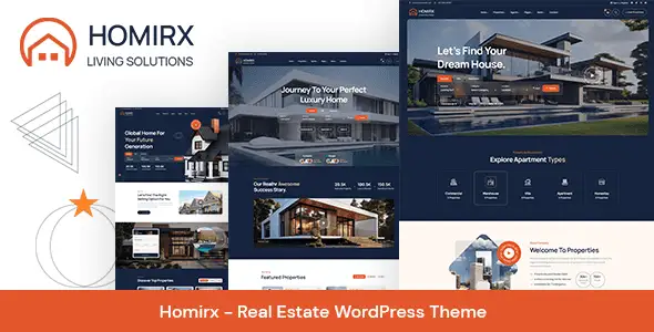 Homirx real estate WordPress theme showcasing property listings and Elementor page builder interface