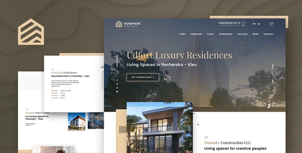 Hompark real estate HTML template showcasing luxury property listings on desktop and mobile