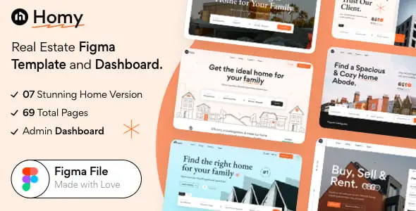Homy real estate HTML5 template homepage preview with property listings and modern layout