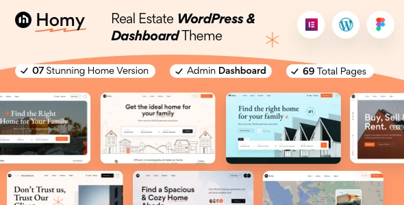 Homy real estate WordPress theme with Elementor page builder preview