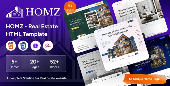 Homz real estate HTML template preview showcasing responsive property listing design