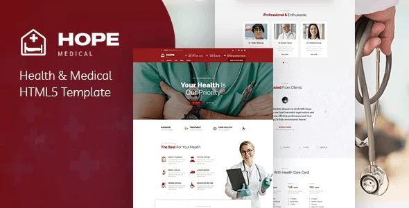 Hope Health and Medical HTML5 template preview showing a professional medical website design with Bootstrap 5 layout