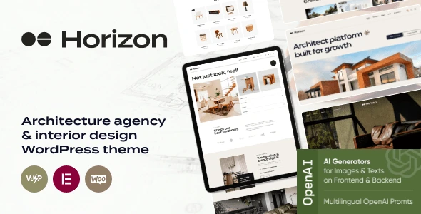 Horizon interior design and architecture WordPress theme homepage layout with Elementor PRO